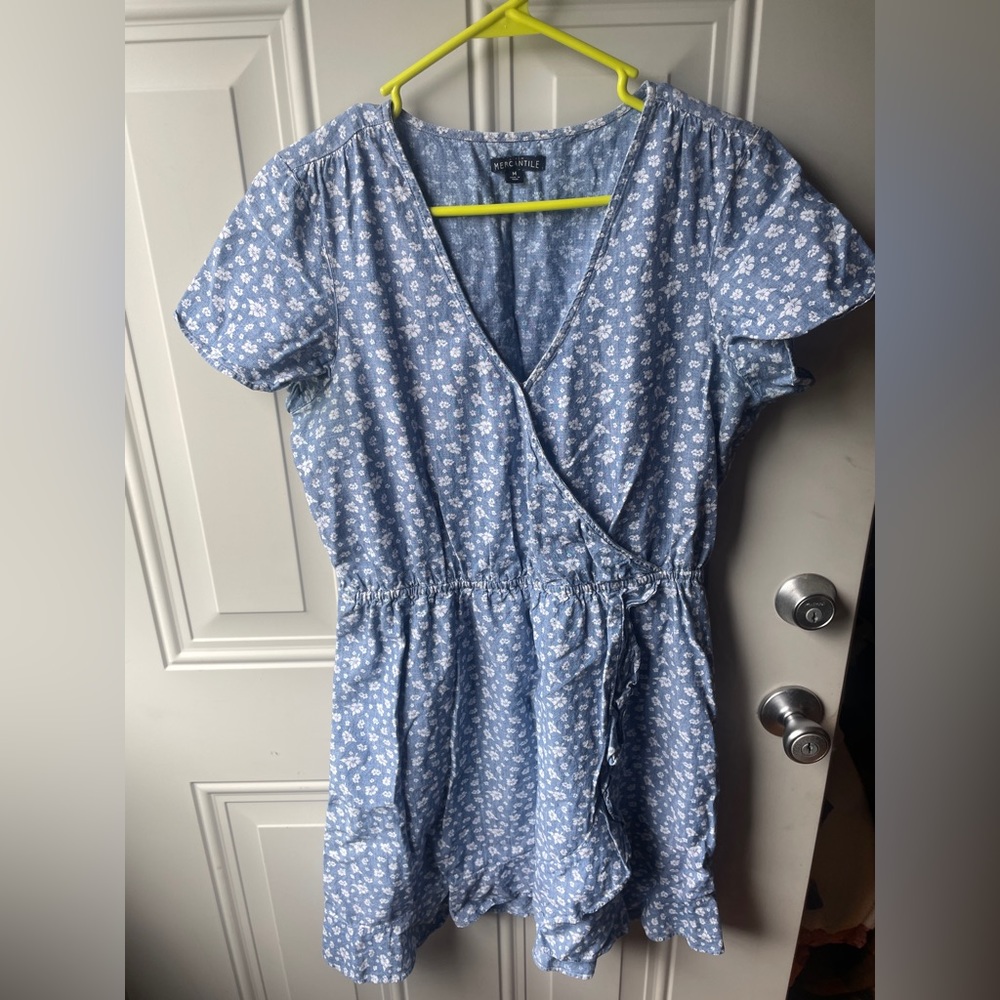 J.Crew Mercantile Sz M Blue Floral Faux Wrap Ruffle Cottage Core Mini Dress